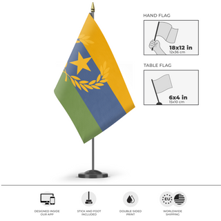 A mockup of the custom flag 'nuisan flag no 4 or 3' as a desk flag and small hand waving flag