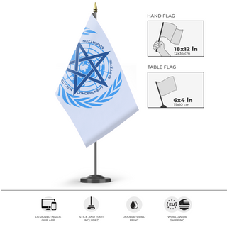 A mockup of the custom flag 'United Nations Global Occult Coalition flag' as a desk flag and small hand waving flag