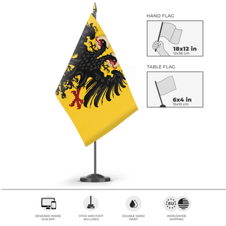 A mockup of the custom flag 'Holy Roman Empire flag' as a desk flag and small hand waving flag
