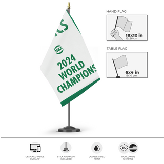 A mockup of the custom flag 'Boston Celtics 2024 World Championships flag' as a desk flag and small hand waving flag