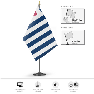 A mockup of the custom flag 'The Cross and Stripes flag' as a desk flag and small hand waving flag