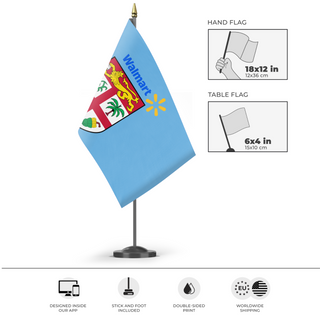 A mockup of the custom flag 'Walmart in Fiji flag' as a desk flag and small hand waving flag
