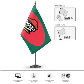 A mockup of the custom flag 'Pizza Hut in Bangladesh flag' as a desk flag and small hand waving flag