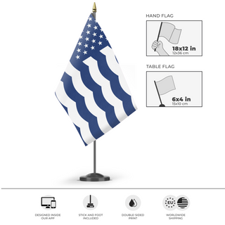 A mockup of the custom flag 'United States and Oceans of America flag' as a desk flag and small hand waving flag