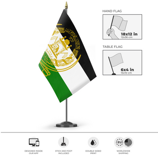 A mockup of the custom flag 'Afghan Opposition Flag' as a desk flag and small hand waving flag