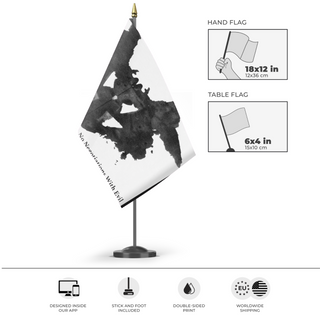 A mockup of the custom flag 'no evil flag' as a desk flag and small hand waving flag