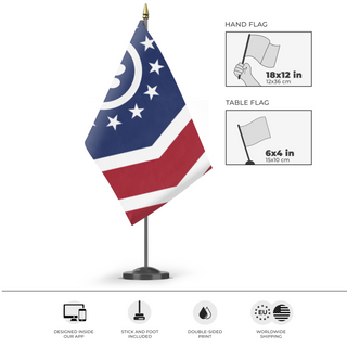 A mockup of the custom flag 'Feline Front flag' as a desk flag and small hand waving flag