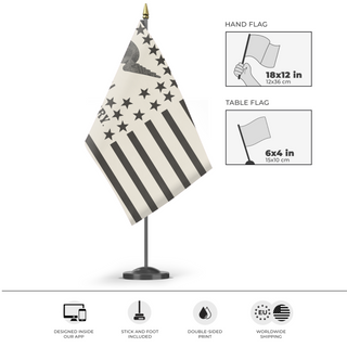 A mockup of the custom flag 'No Union with Slavery flag' as a desk flag and small hand waving flag