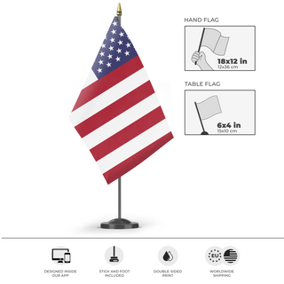 A mockup of the custom flag 'Vertical Bars United States flag' as a desk flag and small hand waving flag