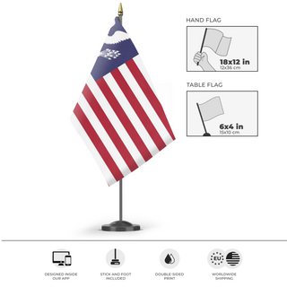 A mockup of the custom flag 'Eagle American Flag' as a desk flag and small hand waving flag