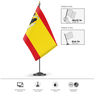A mockup of the custom flag 'Francoist Spain' as a desk flag and small hand waving flag