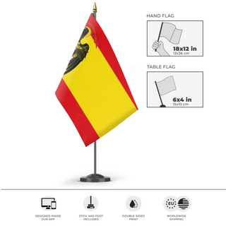 A mockup of the custom flag 'Francoist Spain' as a desk flag and small hand waving flag