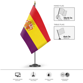 A mockup of the custom flag 'Second Spanish Republic' as a desk flag and small hand waving flag