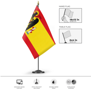 A mockup of the custom flag 'Francoist Spain' as a desk flag and small hand waving flag