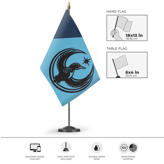 A mockup of the custom flag 'MN Rebel Loon flag' as a desk flag and small hand waving flag