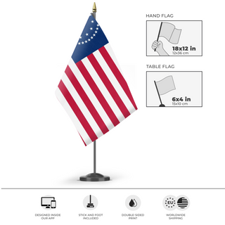 A mockup of the custom flag 'USA 50 Star Betty Ross Style   flag' as a desk flag and small hand waving flag