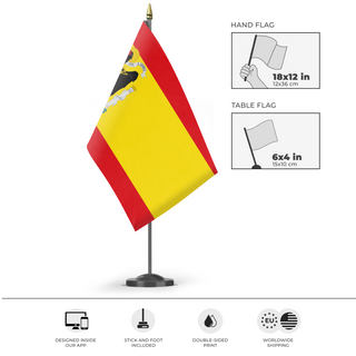 A mockup of the custom flag 'Spain Under Franco' as a desk flag and small hand waving flag