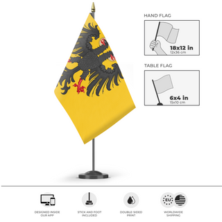 A mockup of the custom flag 'Redesigned Holy Roman Empire flag' as a desk flag and small hand waving flag