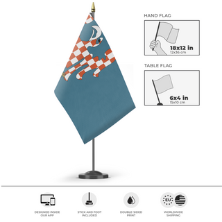 A mockup of the custom flag 'Margraviate of Moravia Redesigned  flag' as a desk flag and small hand waving flag