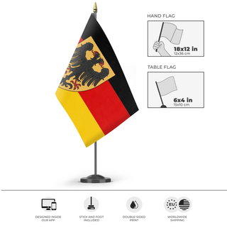 A mockup of the custom flag 'Alternate German Cofederation  flag' as a desk flag and small hand waving flag