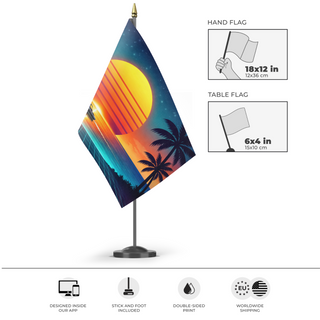 A mockup of the custom flag 'Vaporwave Sunset Boat flag' as a desk flag and small hand waving flag