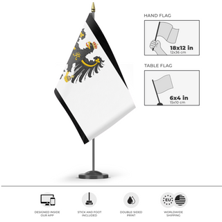 A mockup of the custom flag 'Prussia Flag Redesign' as a desk flag and small hand waving flag