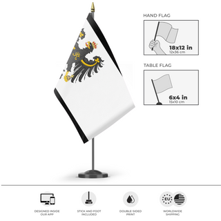 A mockup of the custom flag 'Prussia Flag Redesign 2' as a desk flag and small hand waving flag