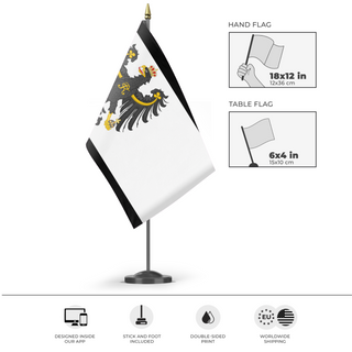 A mockup of the custom flag 'Prussia  flag' as a desk flag and small hand waving flag