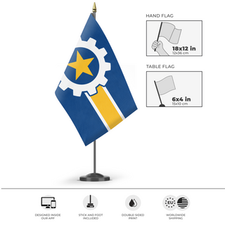 A mockup of the custom flag 'West Allis Wisconsin flag' as a desk flag and small hand waving flag