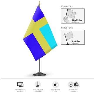 A mockup of the custom flag 'Kingdom of Nitoria flag' as a desk flag and small hand waving flag