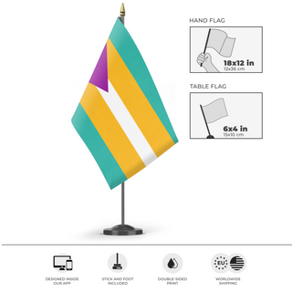 A mockup of the custom flag 'Esperanza flag' as a desk flag and small hand waving flag