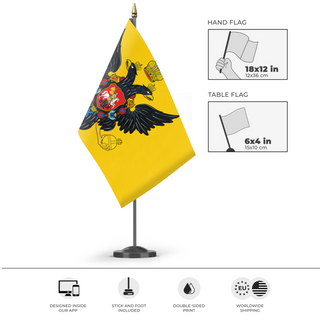 A mockup of the custom flag 'Russian Imperial Standard' as a desk flag and small hand waving flag
