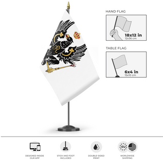 A mockup of the custom flag 'Kingdom Of Prussia' as a desk flag and small hand waving flag