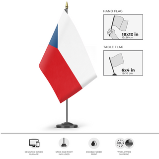 A mockup of the custom flag 'Czechoslovakia Redesigned flag' as a desk flag and small hand waving flag