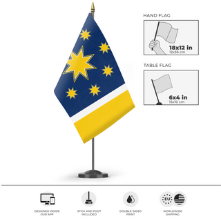 A mockup of the custom flag 'Union flag' as a desk flag and small hand waving flag