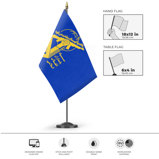 A mockup of the custom flag 'Ground Forces of Iran flag' as a desk flag and small hand waving flag