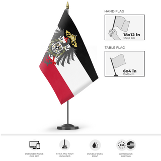 A mockup of the custom flag 'German Empire Redesign flag' as a desk flag and small hand waving flag