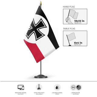 A mockup of the custom flag 'German Empire Reimagined  flag' as a desk flag and small hand waving flag