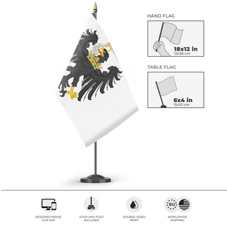 A mockup of the custom flag 'Redesigned Royal Prussia  flag' as a desk flag and small hand waving flag