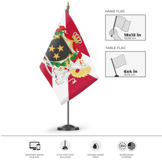 A mockup of the custom flag 'Free City of Dennium flag' as a desk flag and small hand waving flag