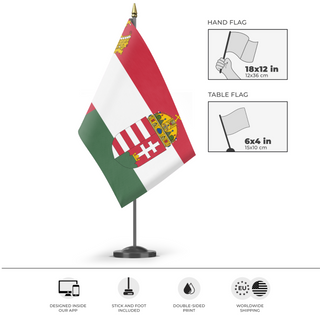 A mockup of the custom flag 'Reworked Austria Hungary  flag' as a desk flag and small hand waving flag