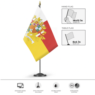 A mockup of the custom flag 'Iberia flag' as a desk flag and small hand waving flag