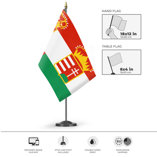 A mockup of the custom flag 'Austria Hungary flag' as a desk flag and small hand waving flag