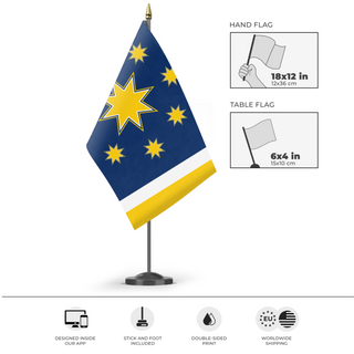 A mockup of the custom flag 'Union flag' as a desk flag and small hand waving flag