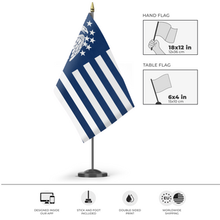 A mockup of the custom flag 'Union Battle flag' as a desk flag and small hand waving flag