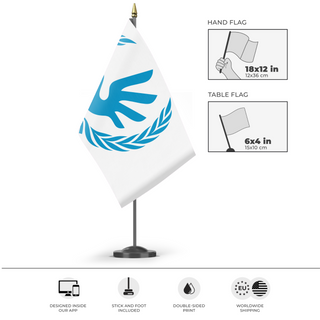 A mockup of the custom flag 'Flag of Humanity' as a desk flag and small hand waving flag