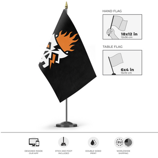 A mockup of the custom flag 'Followers of Hashut flag' as a desk flag and small hand waving flag
