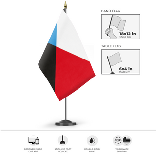 A mockup of the custom flag 'Komi  flag' as a desk flag and small hand waving flag