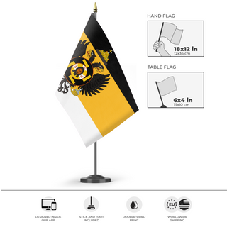 A mockup of the custom flag 'Holy Russia Redesign  flag' as a desk flag and small hand waving flag