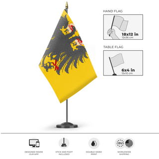 A mockup of the custom flag 'H.R.E Redesign  flag' as a desk flag and small hand waving flag